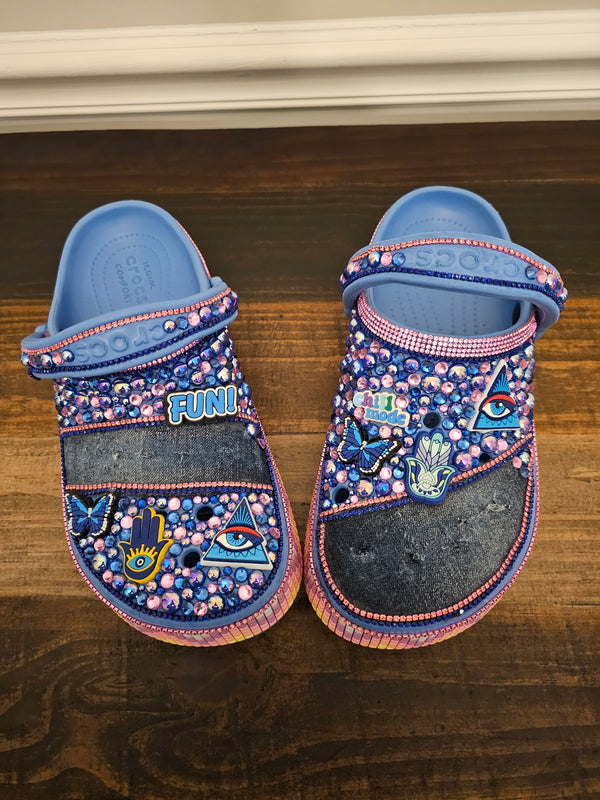 SOLD! Custom blue & pink jean crocs