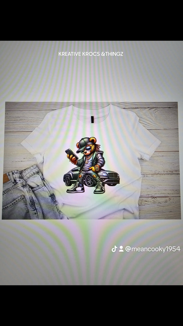 Custom hip hop silver teddy bear with silver sportscar (sublimation) t-shirt for sale