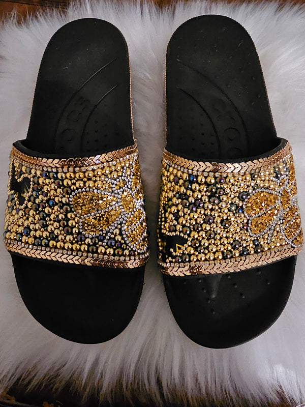 SOLD! Custom black & gold croc slides