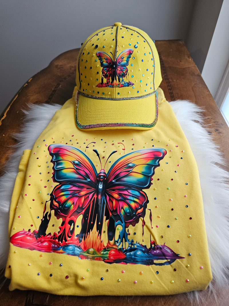 Custom yellow colorful butterfly baseball hat/cap. T-shirt is XL but fits like a Large