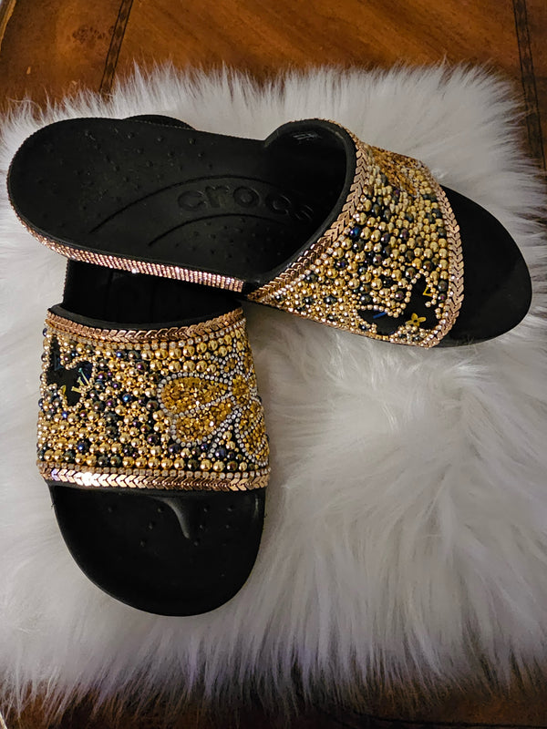 SOLD! Custom black & gold croc slides